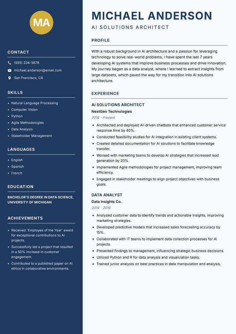 AI Solutions Architect Resume Preview Example