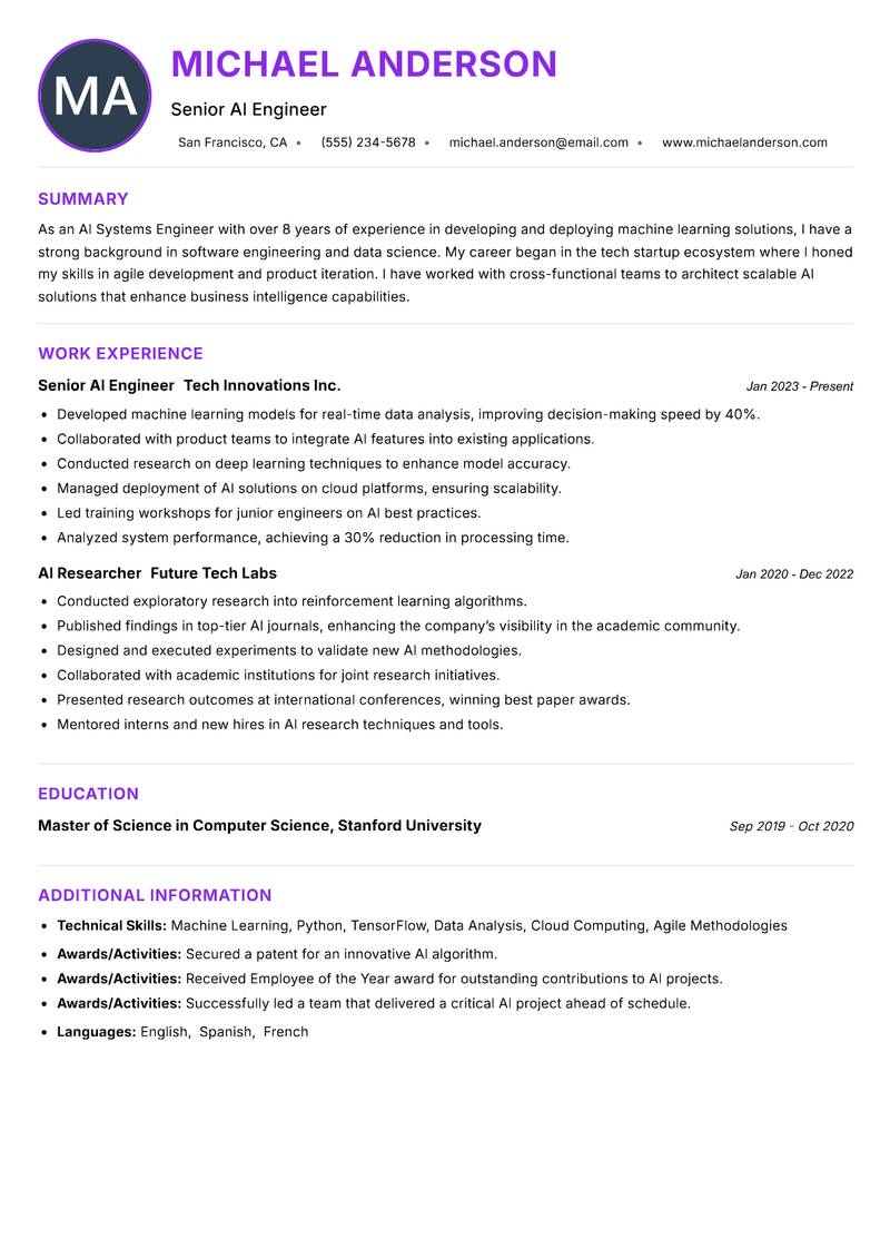 AI Systems Engineer Resume Preview Example