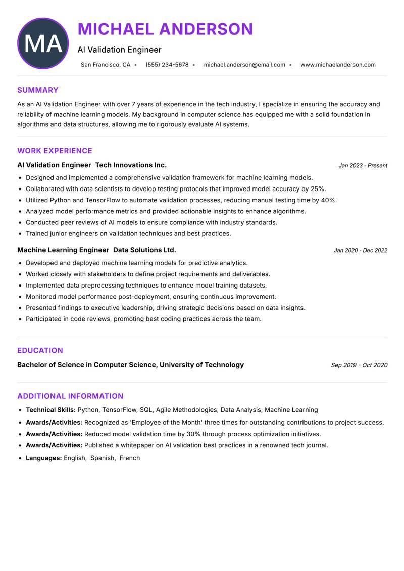 AI Validation Engineer Resume Preview Example