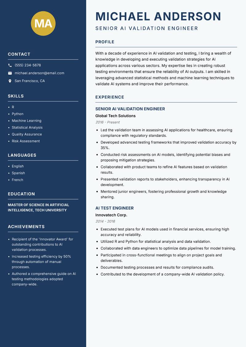 AI Validation Engineer Resume Preview Example