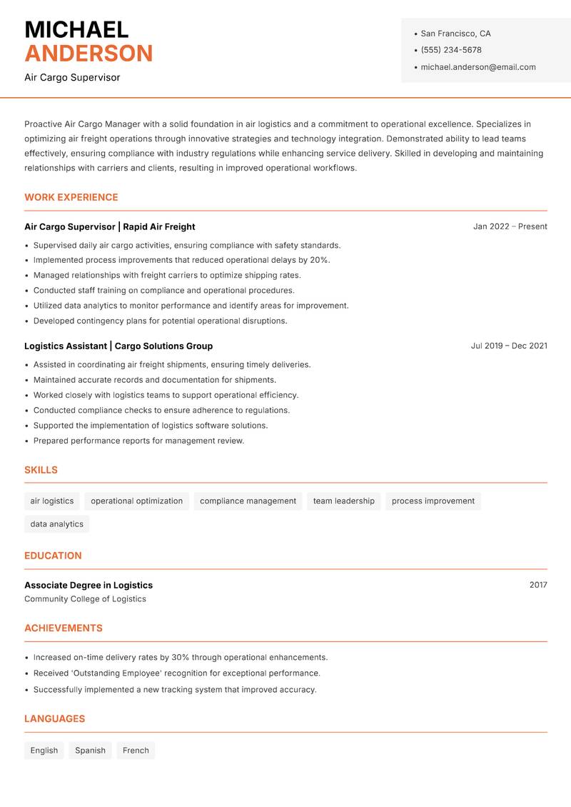 Air Cargo Manager Resume Template