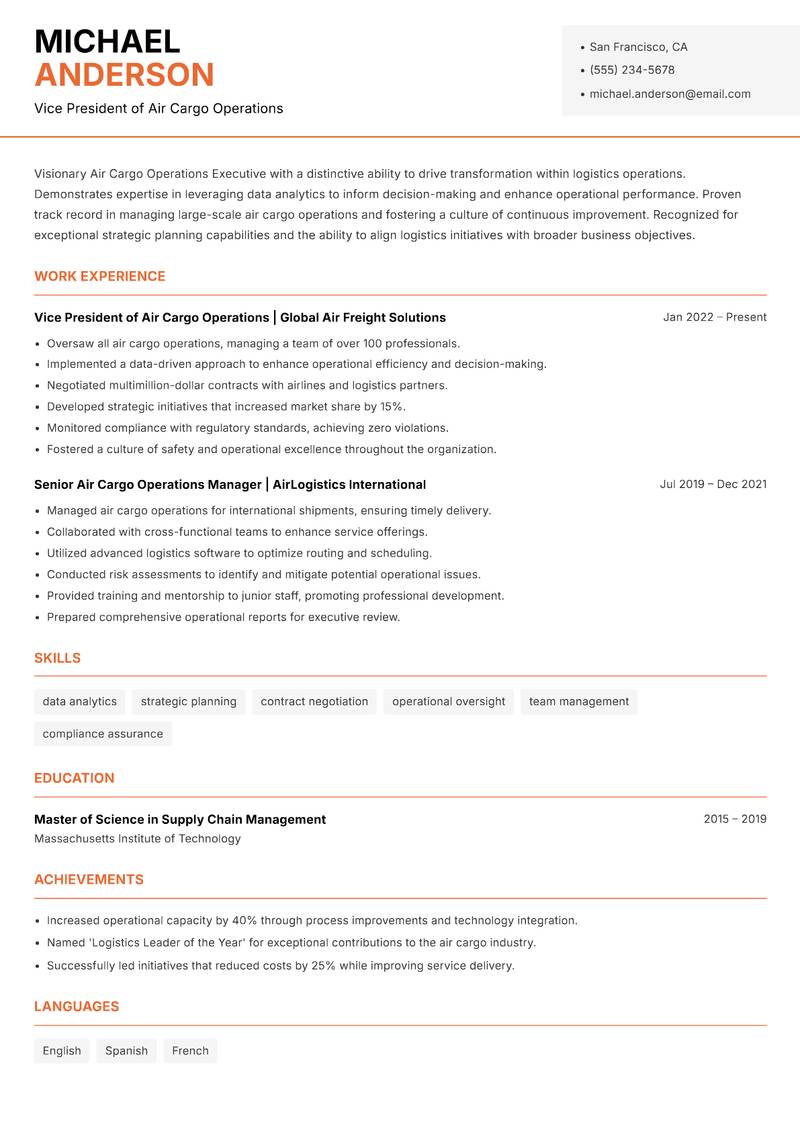 Air Cargo Operations Executive Resume Template