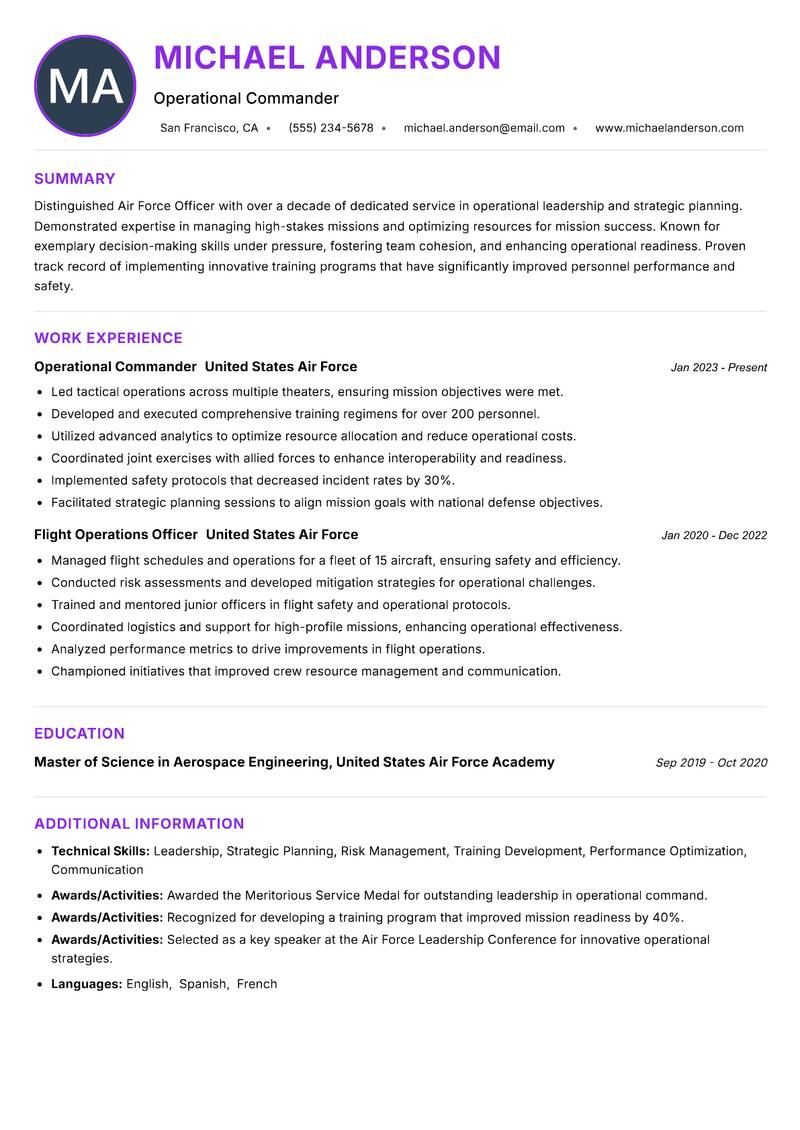 Air Force Officer Resume Preview Example