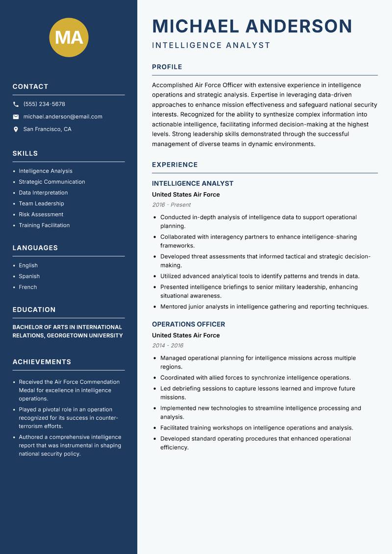 Air Force Officer Resume Preview Example