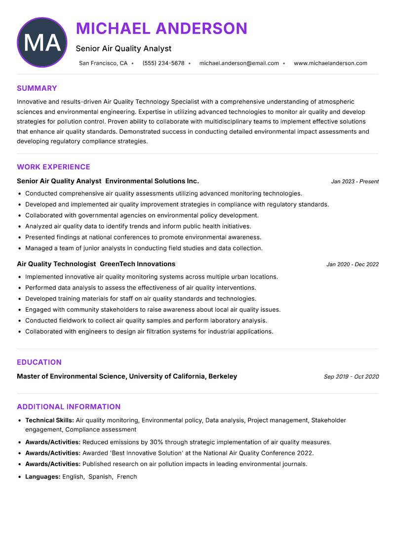 Air Quality Technology Specialist Resume Preview Example