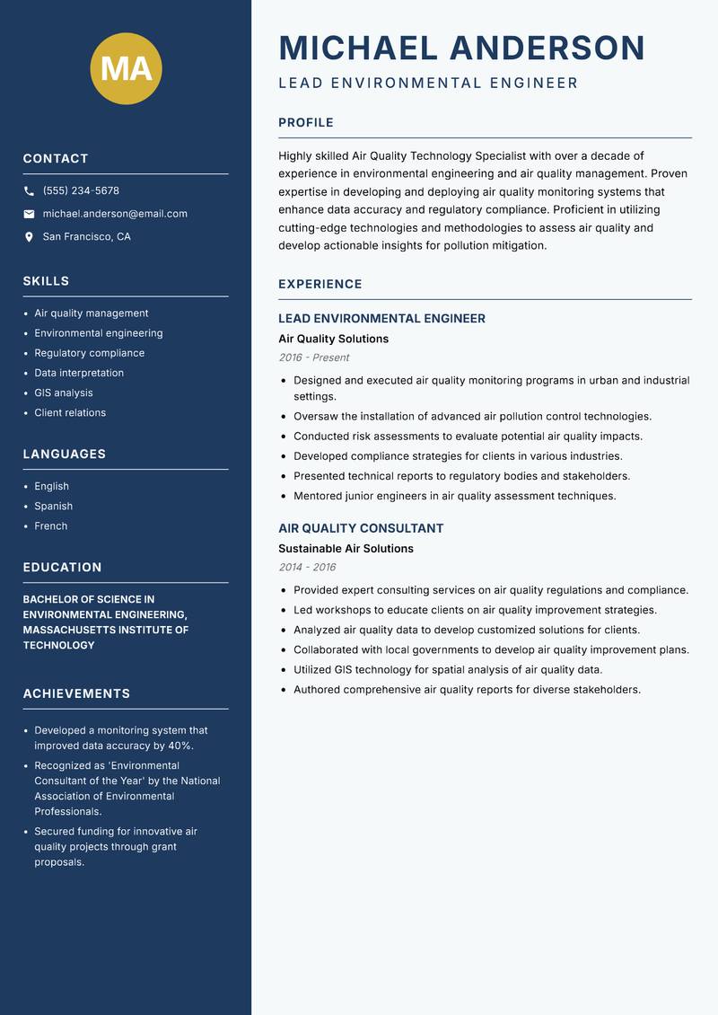 Air Quality Technology Specialist Resume Preview Example
