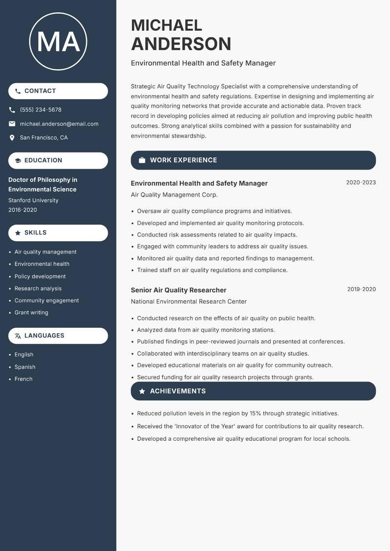 Air Quality Technology Specialist Resume Preview Example