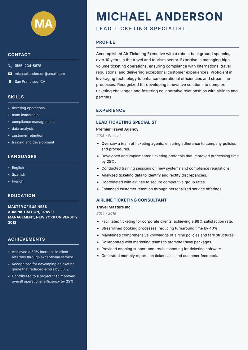 Air Ticketing Executive Resume Preview Example