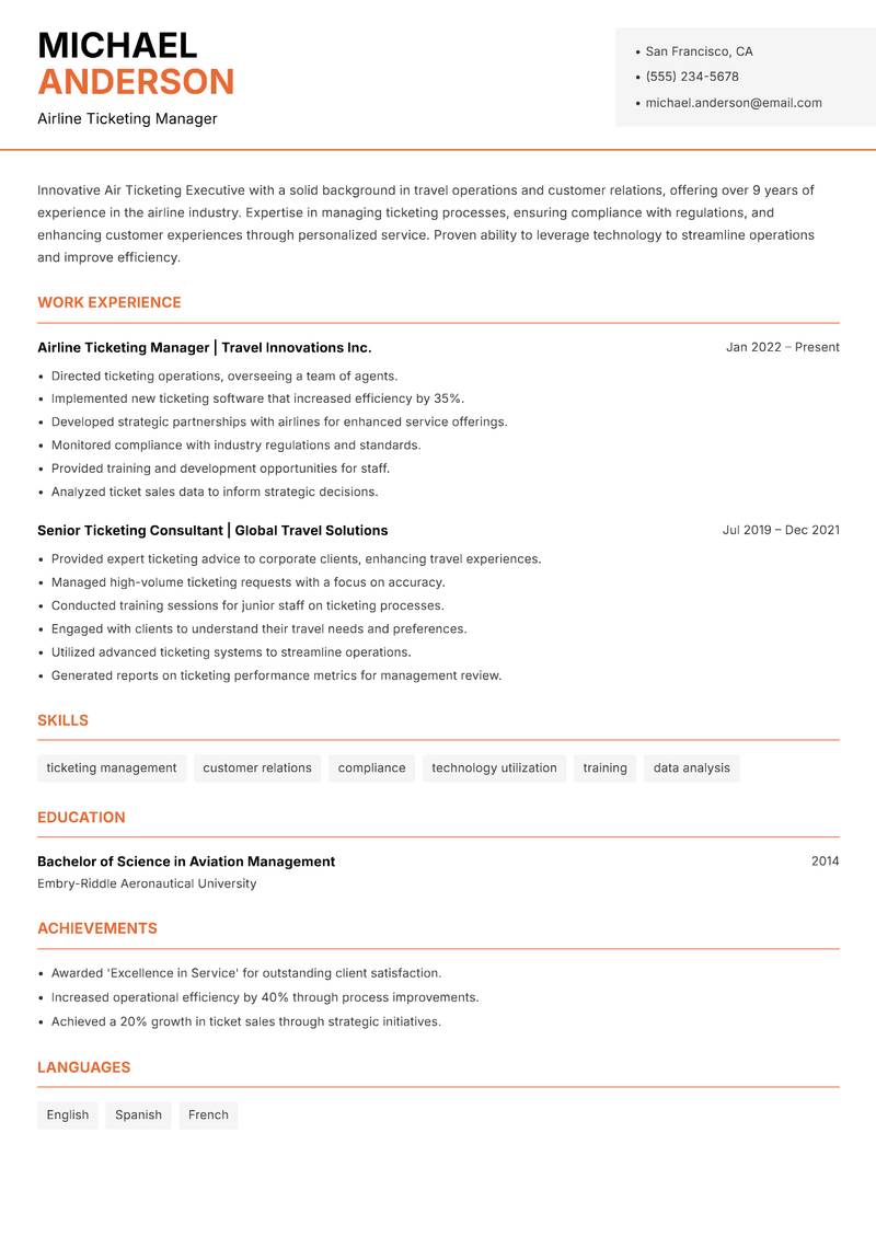 Air Ticketing Executive Resume Template