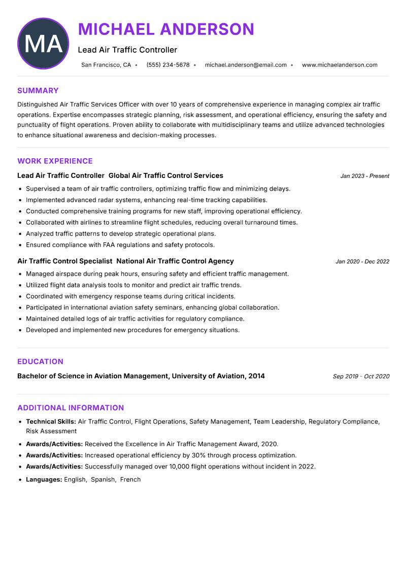 Air Traffic Services Officer Resume Preview Example