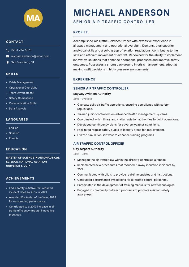 Air Traffic Services Officer Resume Preview Example