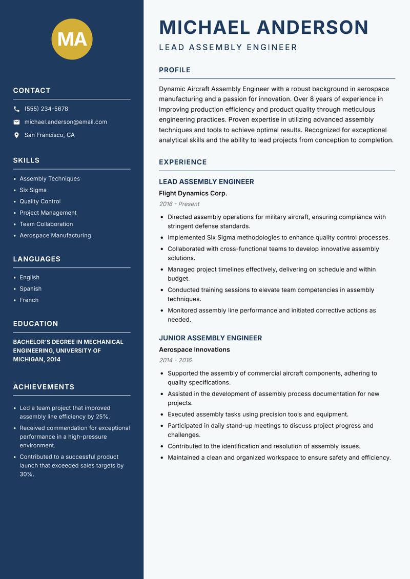 Aircraft Assembly Engineer Resume Preview Example