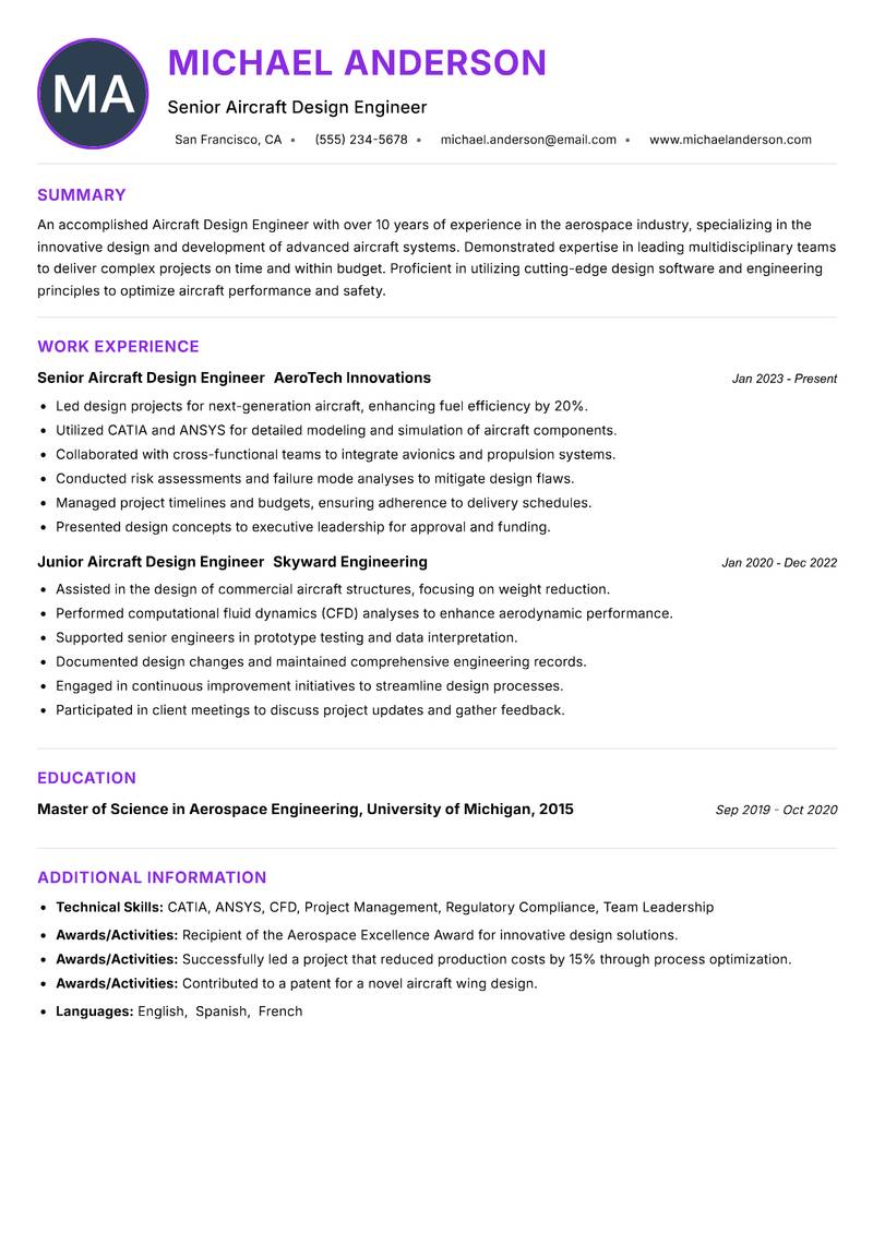 Aircraft Design Engineer Resume Preview Example