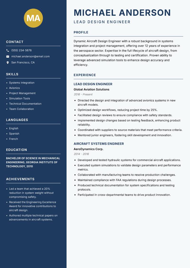 Aircraft Design Engineer Resume Preview Example