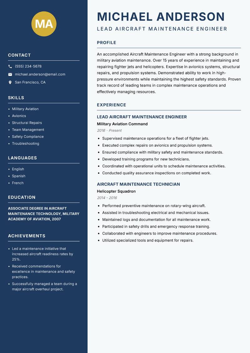 Aircraft Maintenance Engineer Resume Preview Example