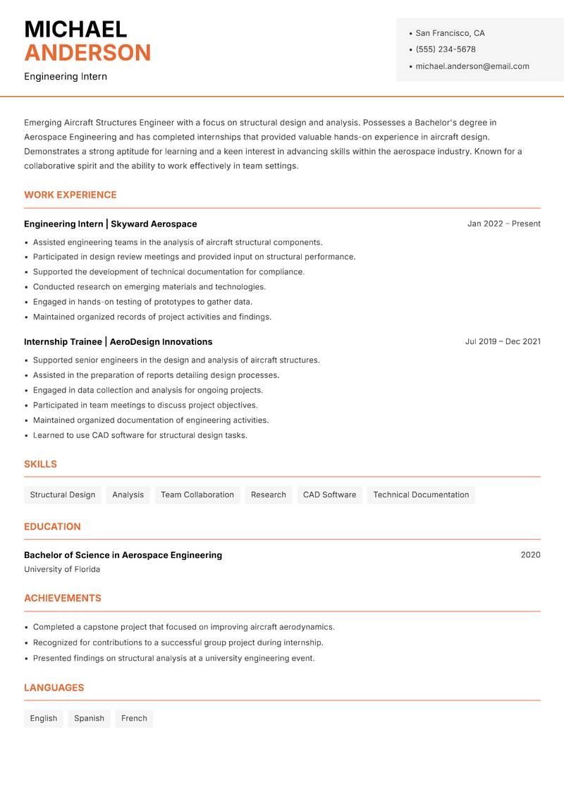 Aircraft Structures Engineer Resume Template