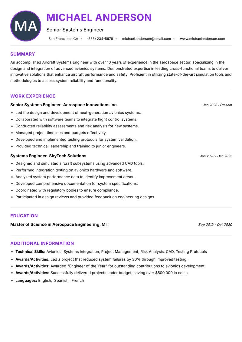 Aircraft Systems Engineer Resume Preview Example