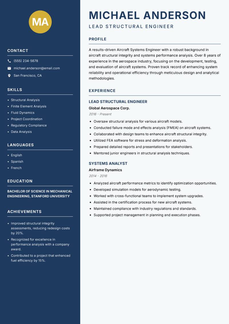 Aircraft Systems Engineer Resume Preview Example