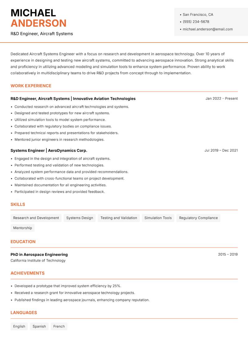 Aircraft Systems Engineer Resume Template