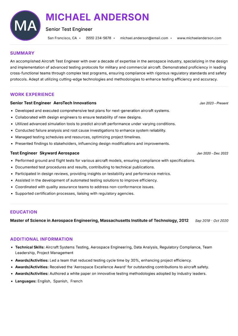 Aircraft Test Engineer Resume Preview Example