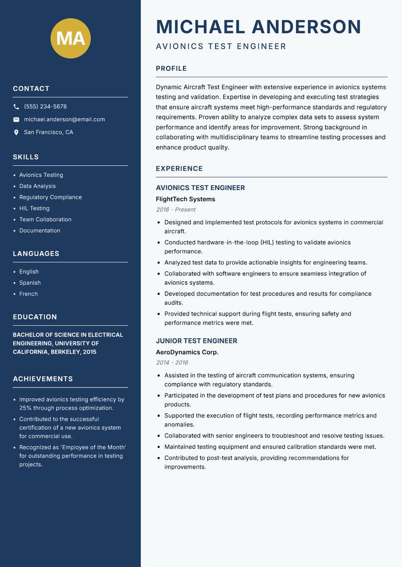 Aircraft Test Engineer Resume Preview Example