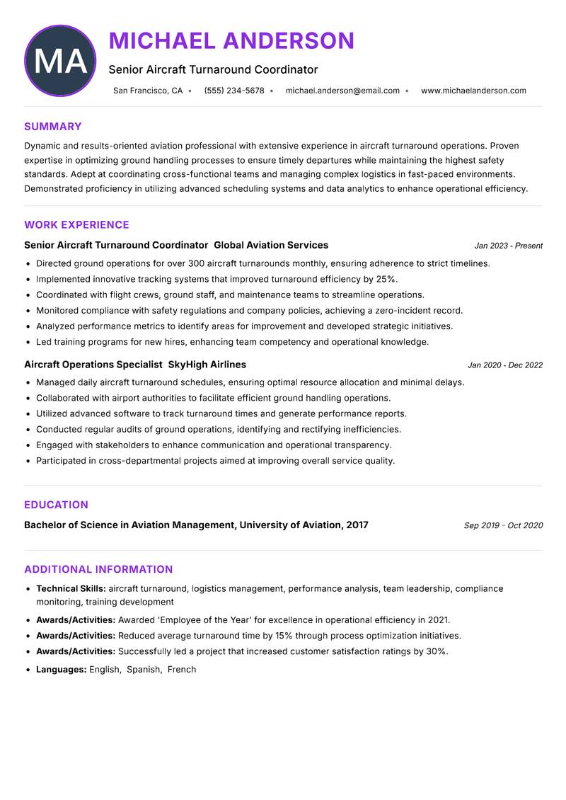 Aircraft Turnaround Coordinator Resume Preview Example