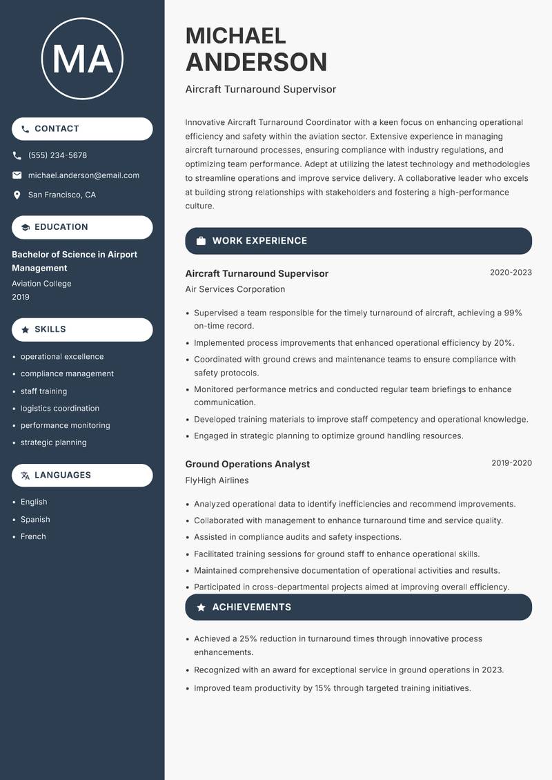 Aircraft Turnaround Coordinator Resume Preview Example