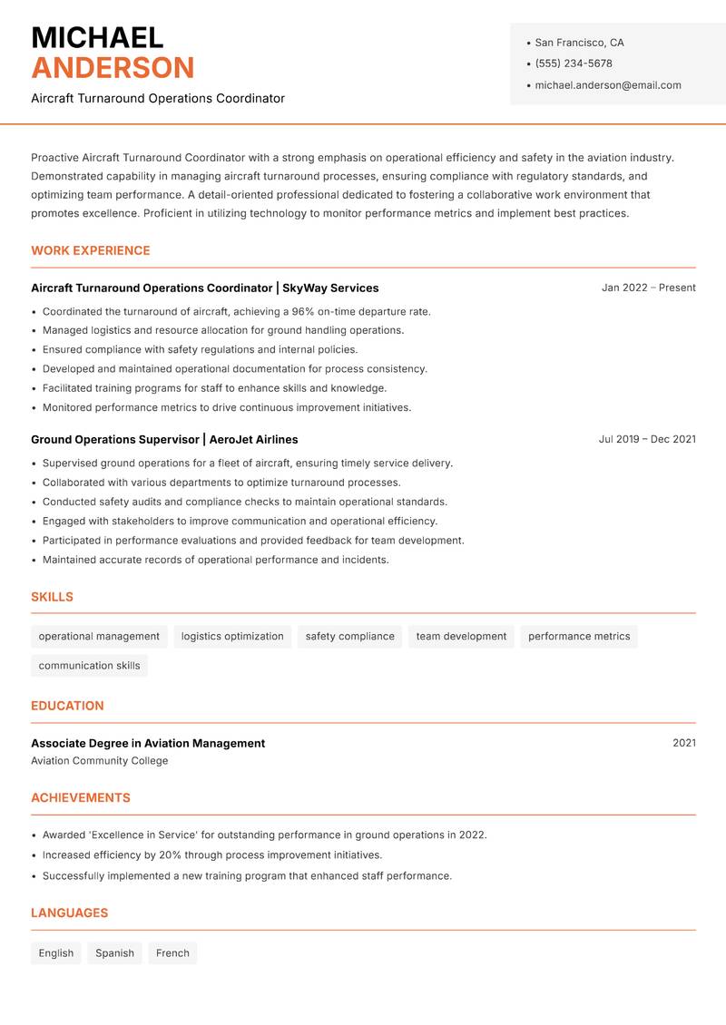 Aircraft Turnaround Coordinator Resume Template