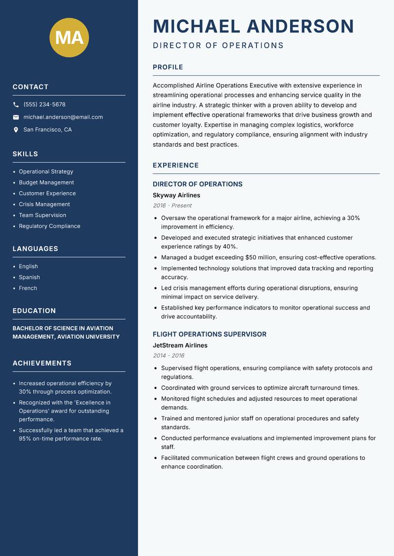 Airline Operations Executive Resume Preview Example