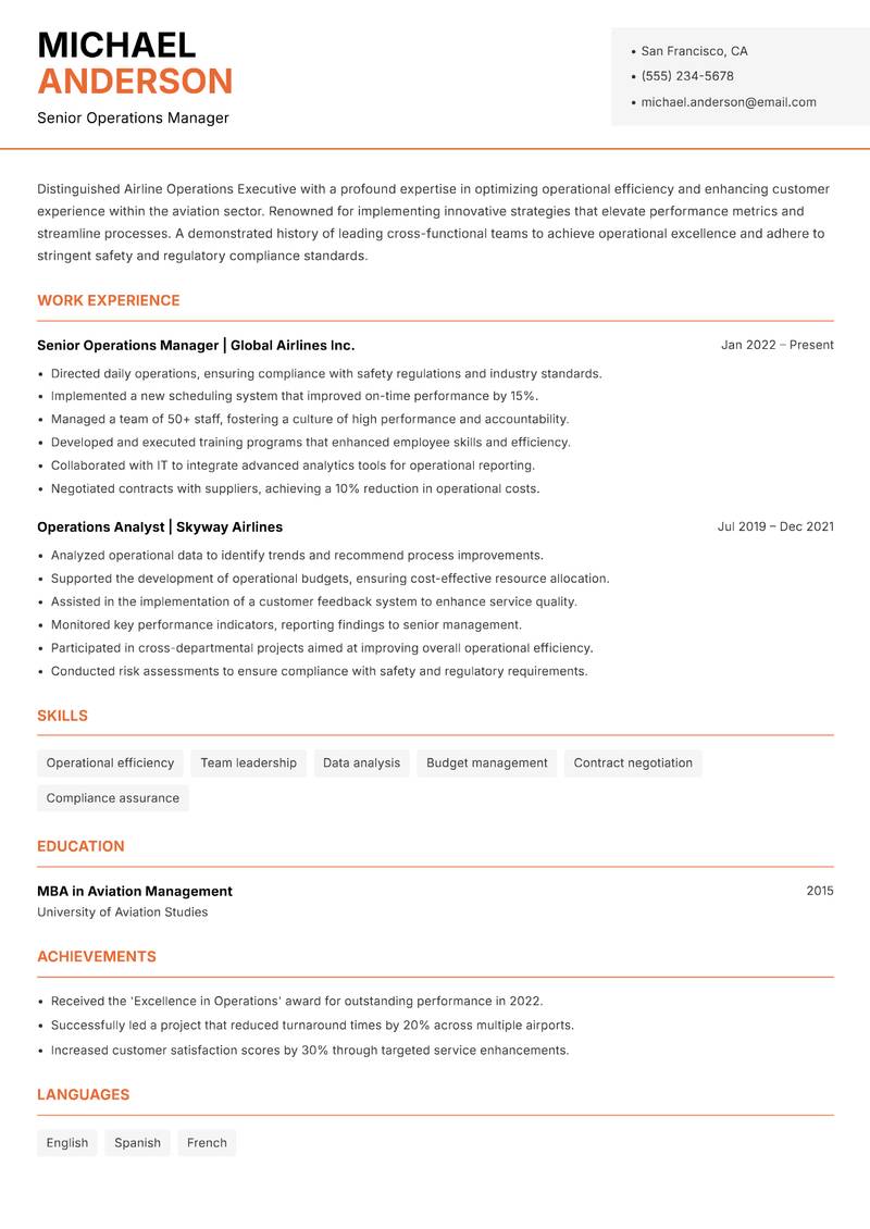 Airline Operations Executive Resume Template