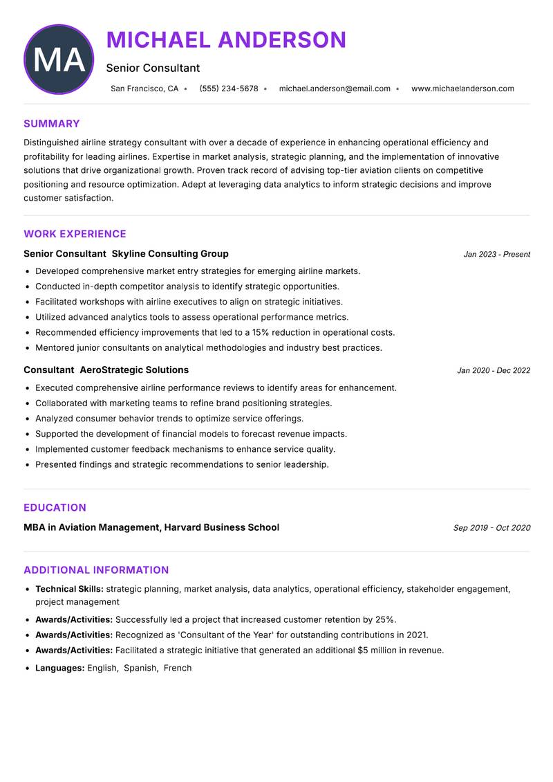 Airline Strategy Consultant Resume Preview Example