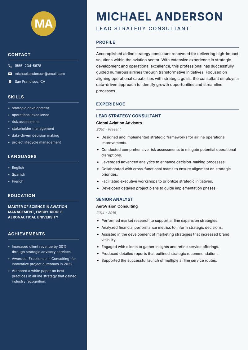 Airline Strategy Consultant Resume Preview Example
