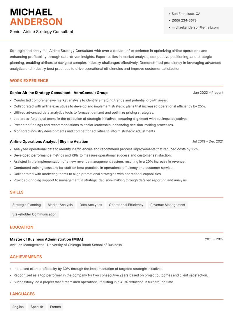 Airline Strategy Consultant Resume Template