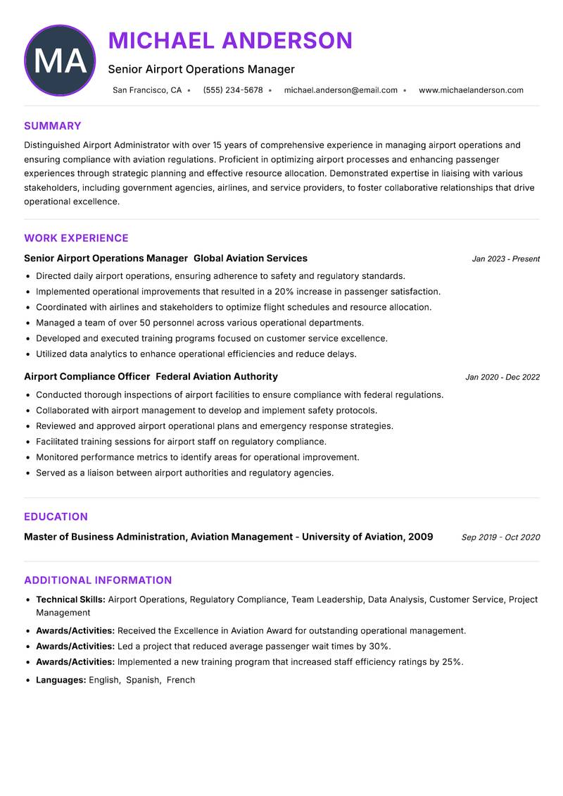 Airport Administrator Resume Preview Example