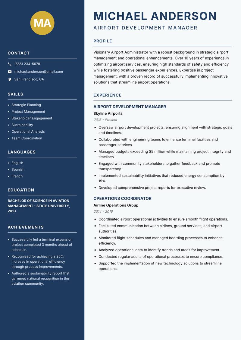 Airport Administrator Resume Preview Example