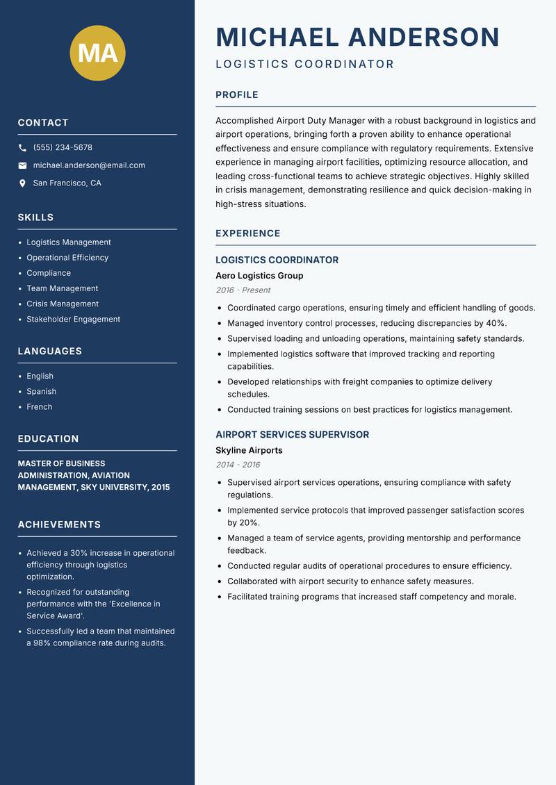 Airport Duty Manager Resume Preview Example