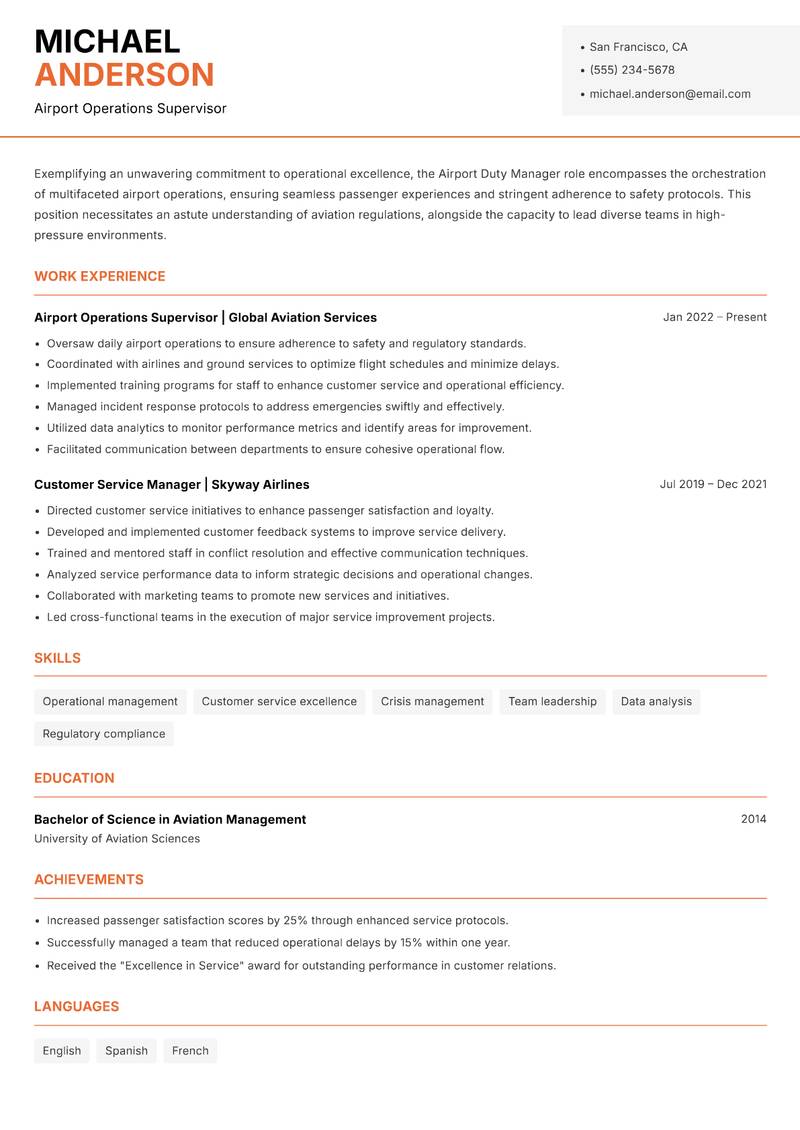 Airport Duty Manager Resume Template
