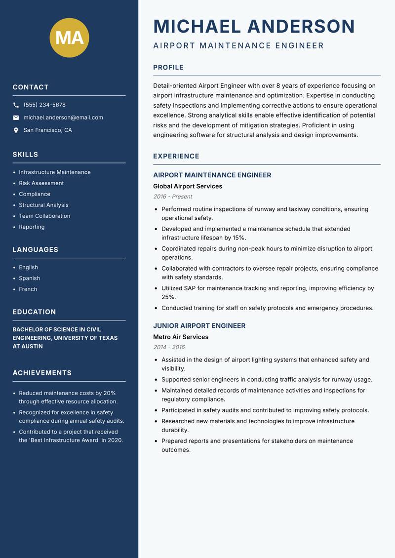 Airport Engineer Resume Preview Example
