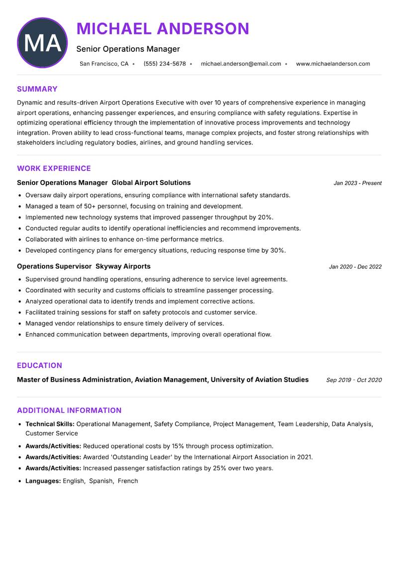 Airport Operations Executive Resume Preview Example