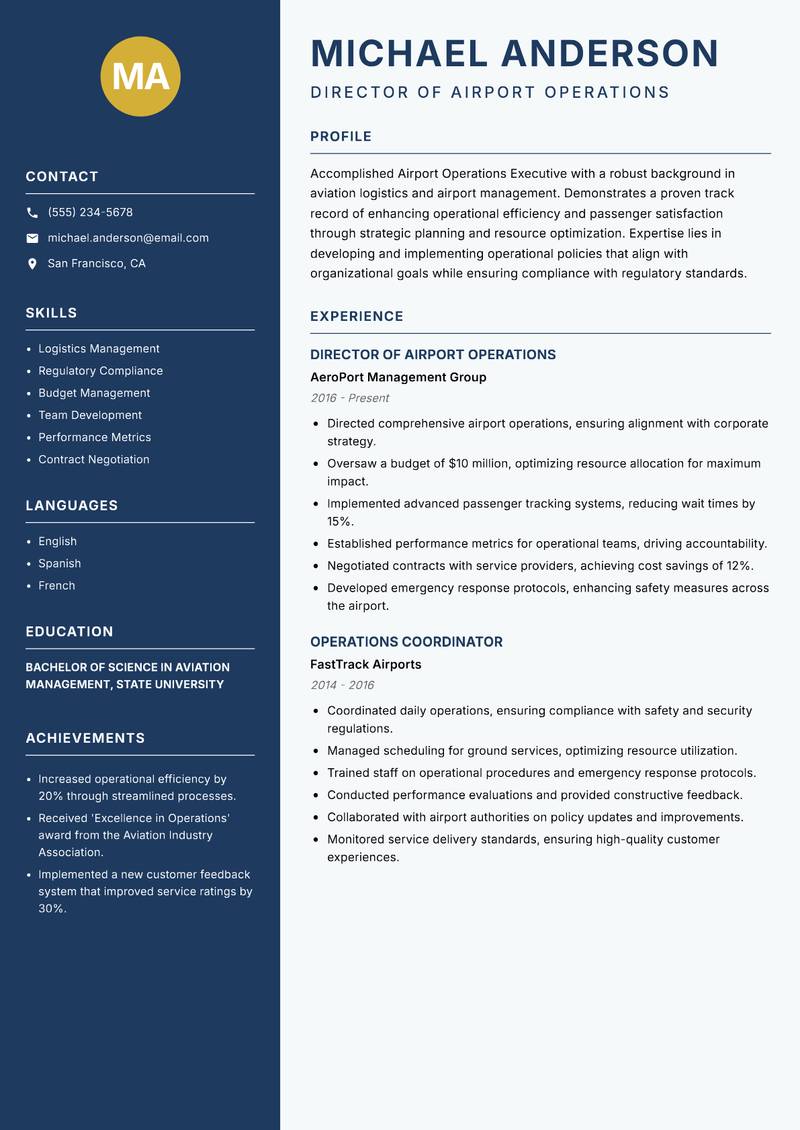 Airport Operations Executive Resume Preview Example