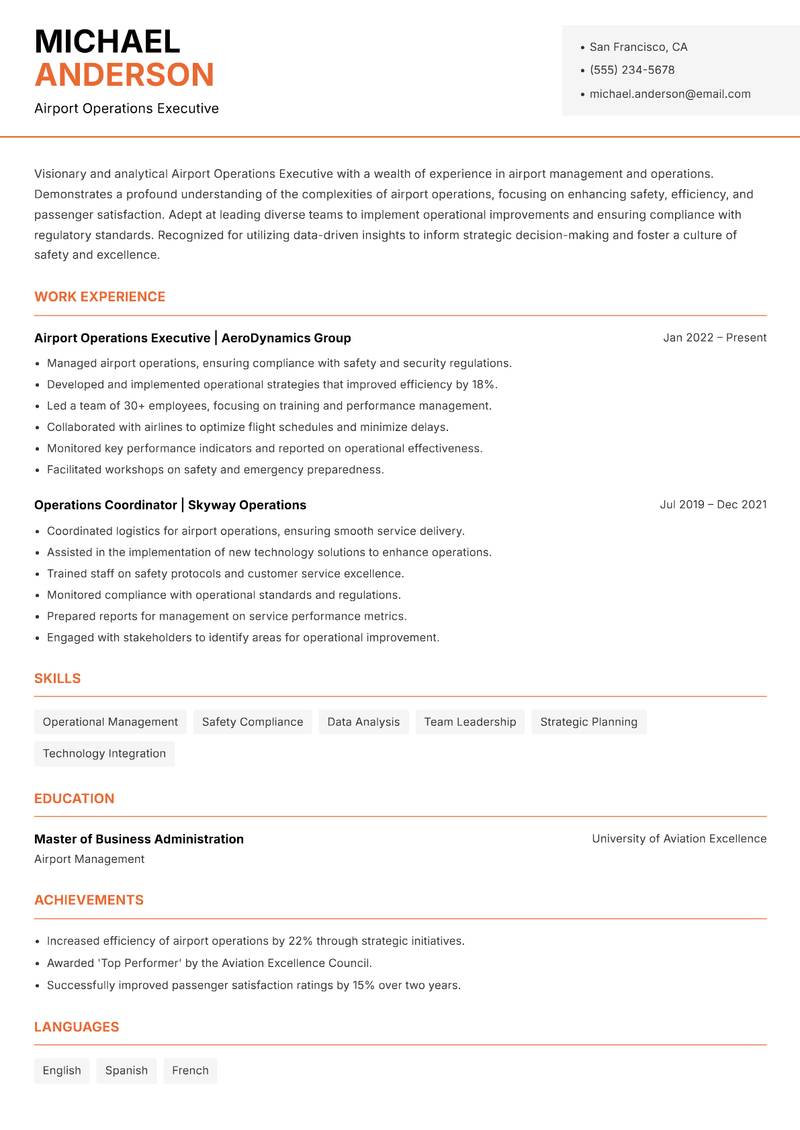 Airport Operations Executive Resume Template