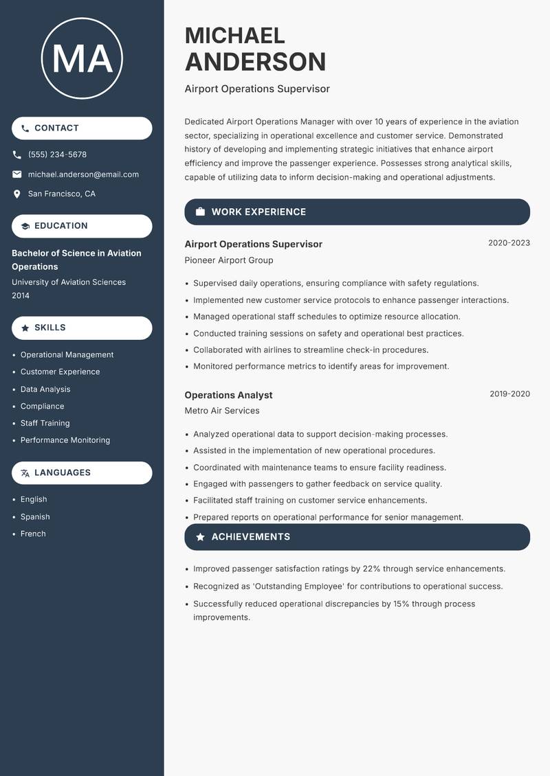 Airport Operations Manager Resume Preview Example