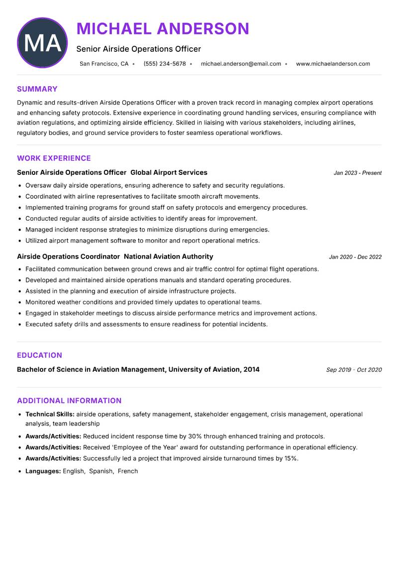 Airside Operations Officer Resume Preview Example