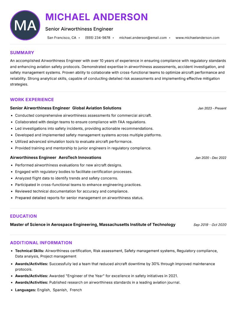 Airworthiness Engineer Resume Preview Example
