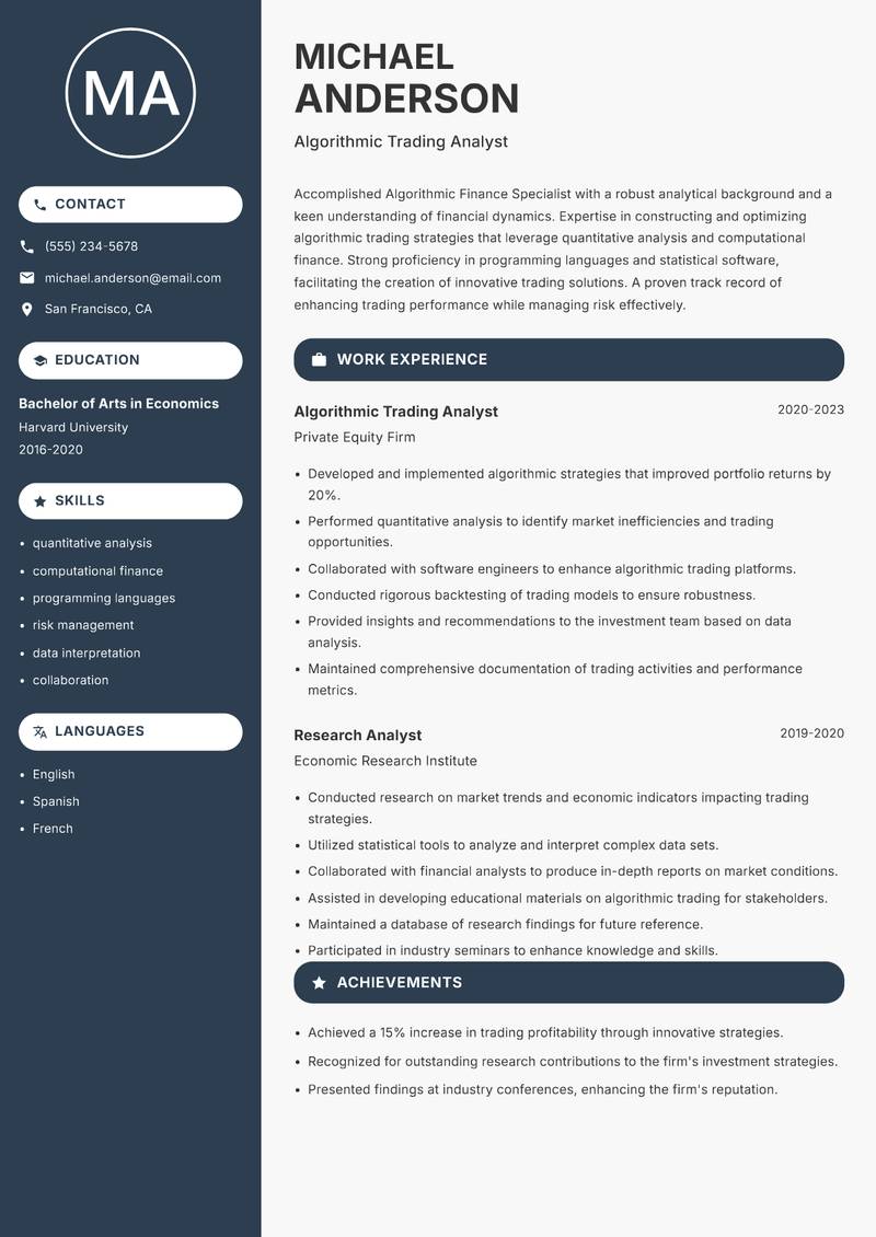 Algorithmic Finance Specialist Resume Preview Example