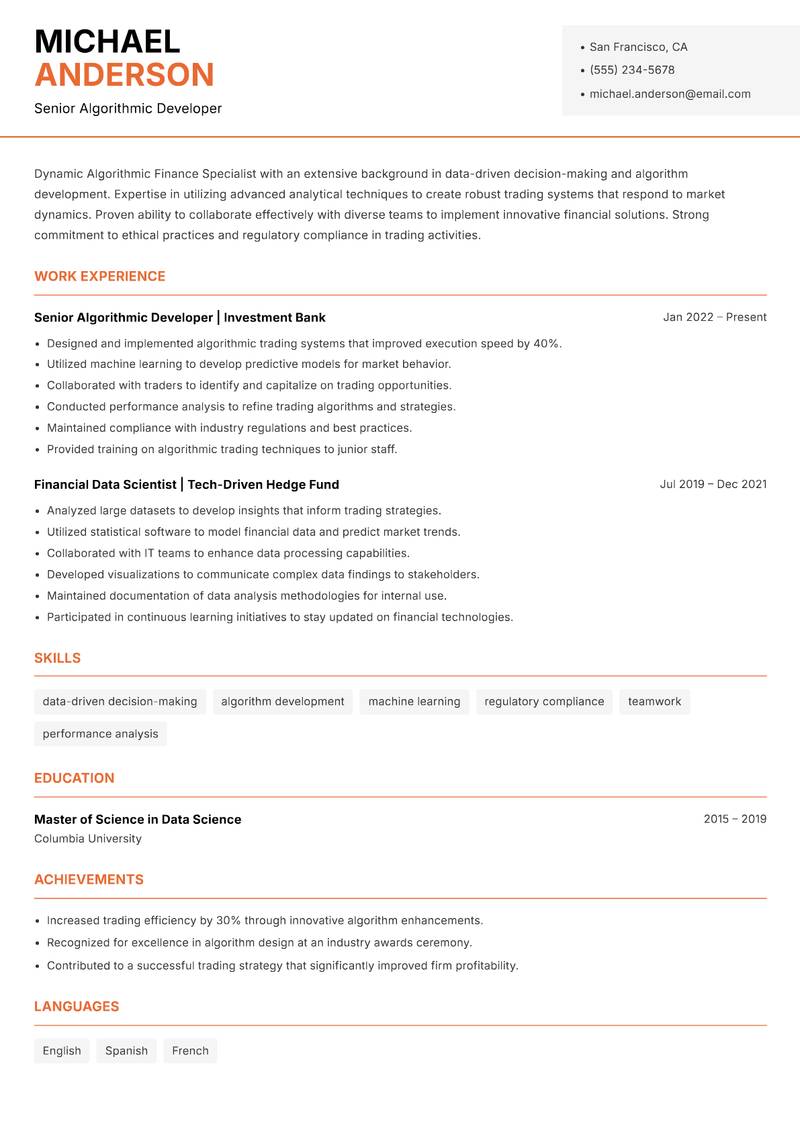Algorithmic Finance Specialist Resume Template