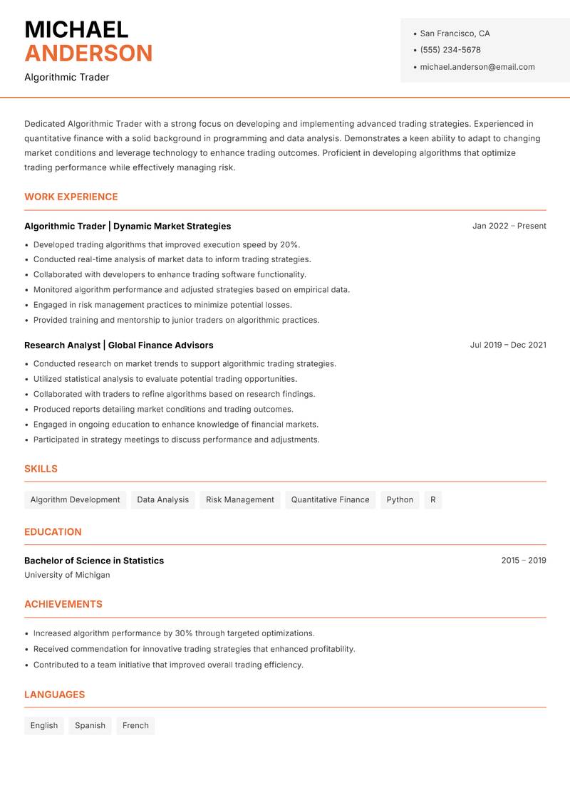 Algorithmic Trader Resume Template