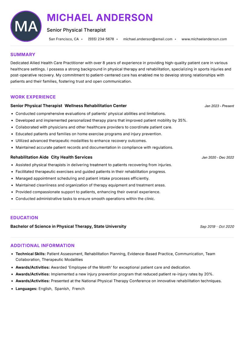 Allied Health Care Practitioner Resume Preview Example