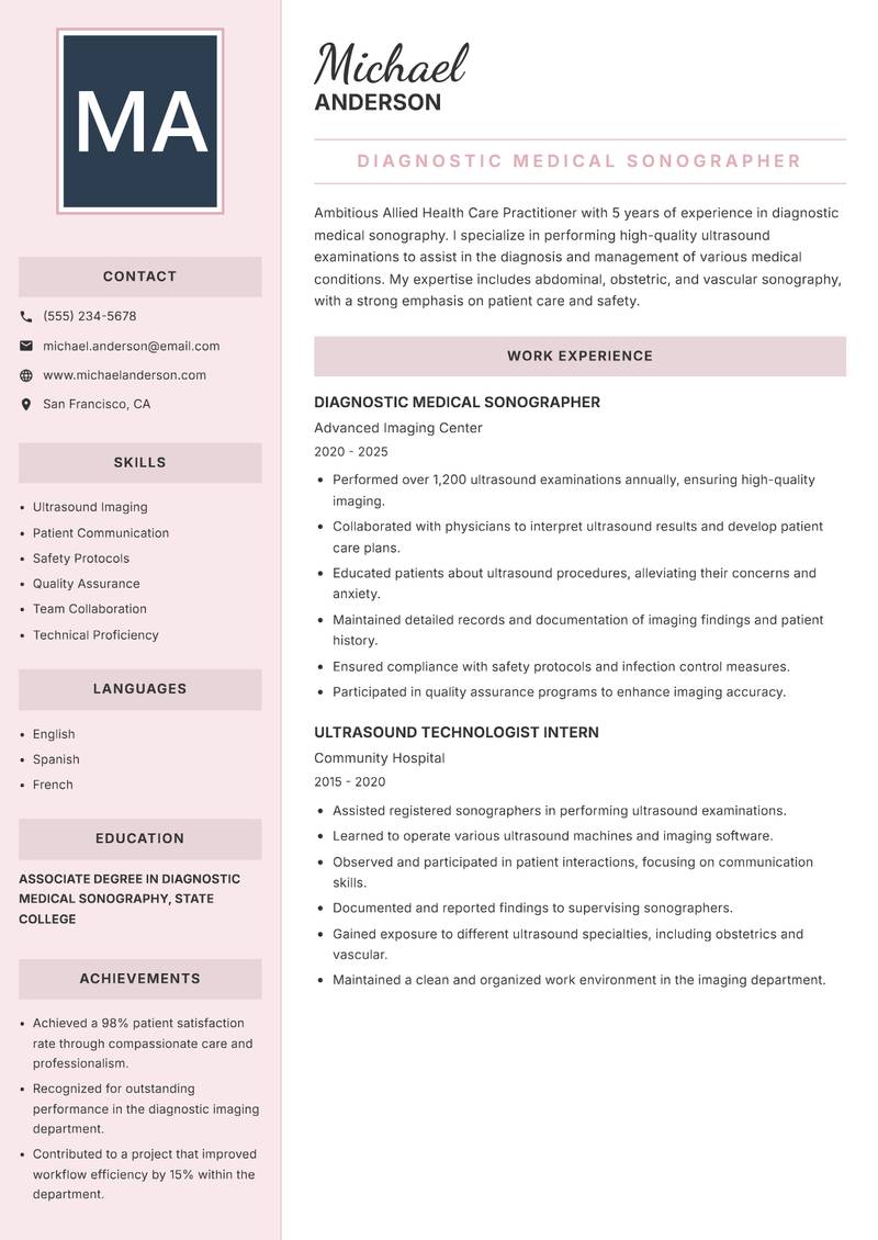 Allied Health Care Practitioner Resume Preview Example