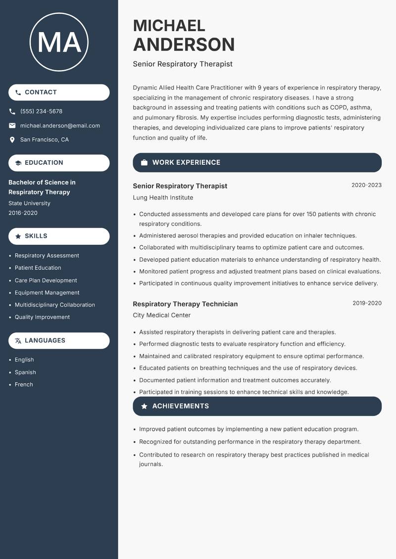 Allied Health Care Practitioner Resume Preview Example